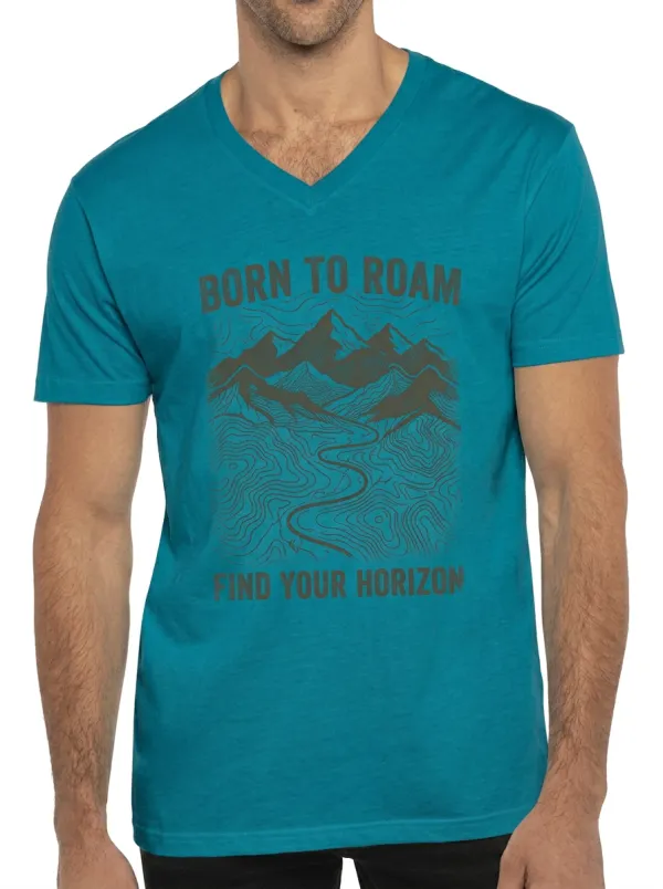 Men's Hiking Adventure Born To Roam Mountain Topographic Printed V-Neck T-Shirt