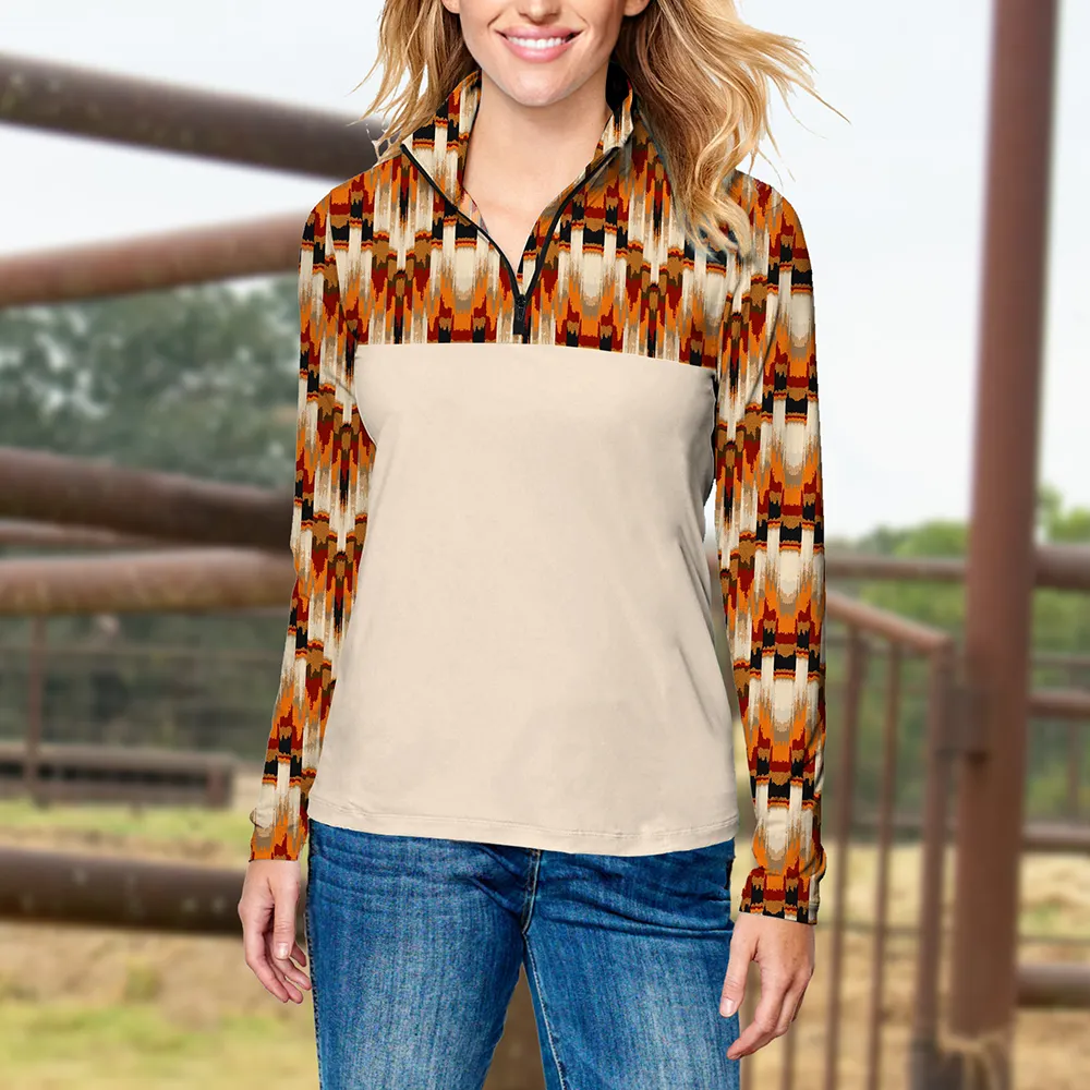 Women's Western Style Aztec Print Long Sleeve Casual 1/4 Zip Shirt