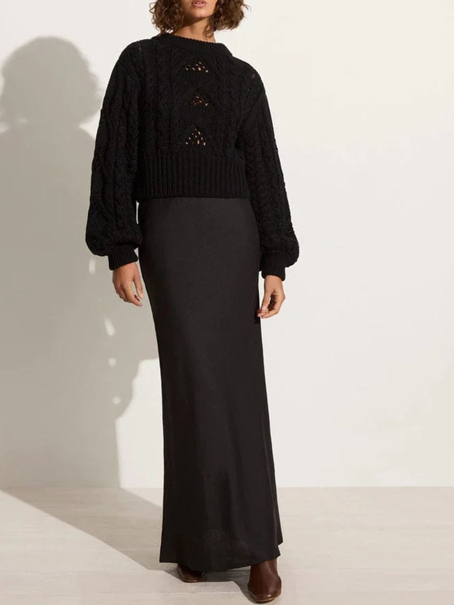 Casual Style Cotton Knit Black Jumper