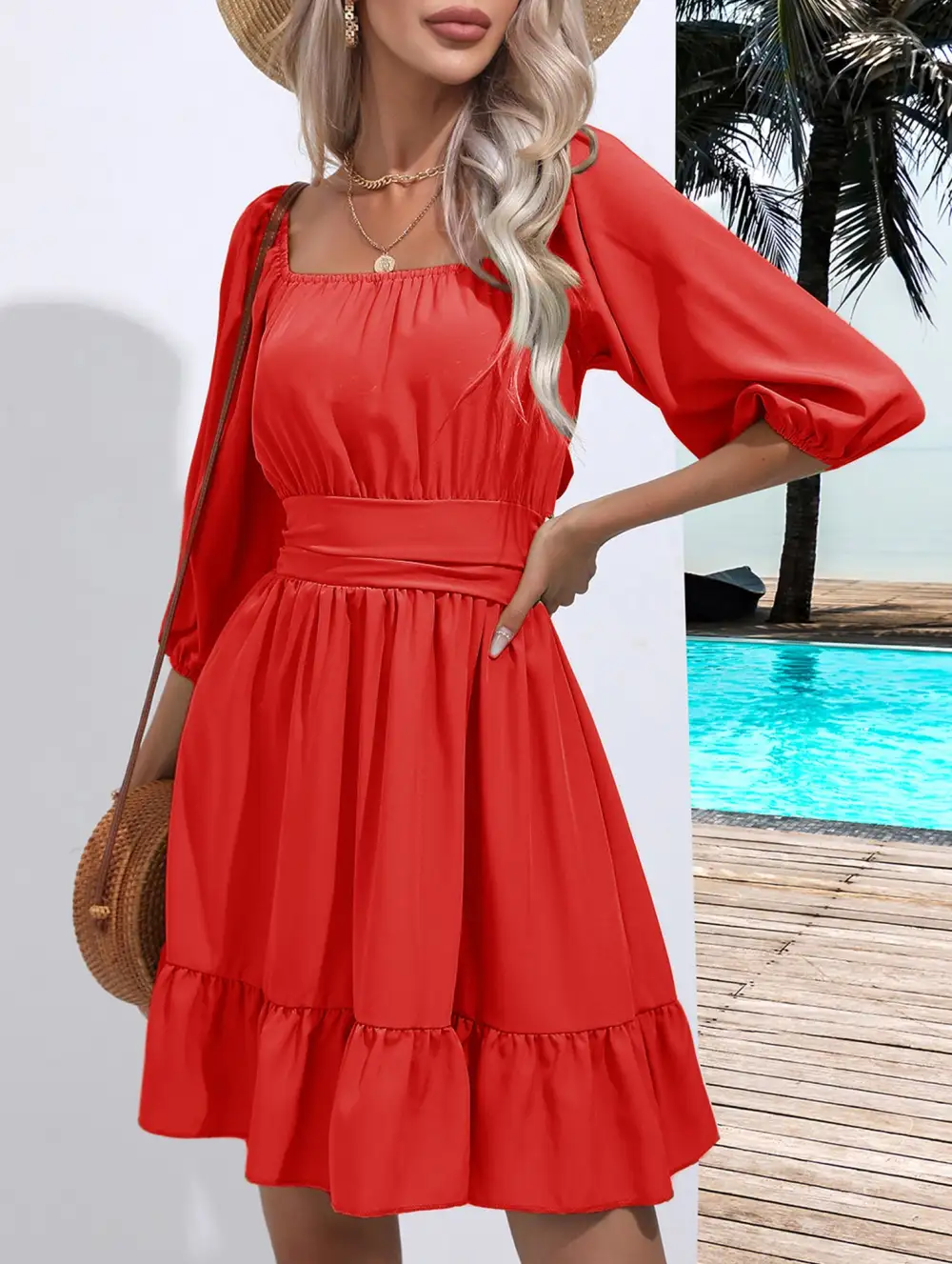 Square Neckline Ruffled Tie Up Short Dress