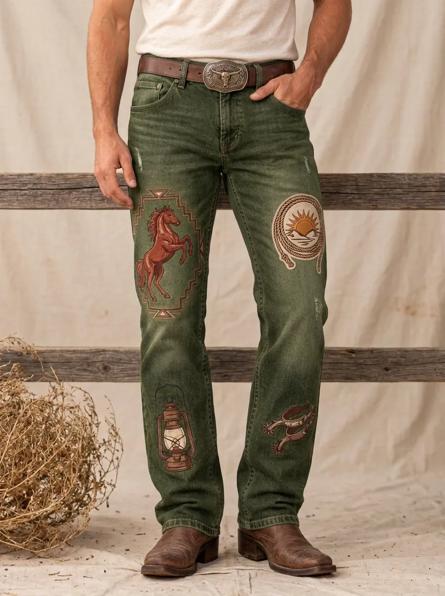 Men's Western Cowboy Horse Lantern Printed Jeans