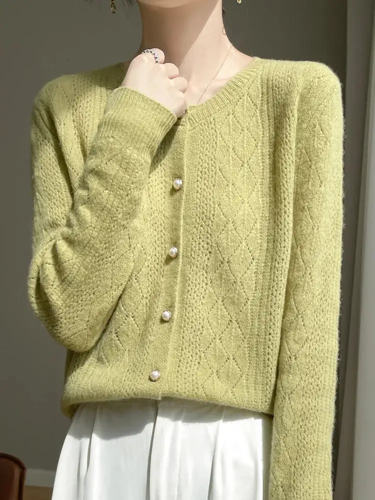 Merino-Wool Wool Pearl-Button Crew-Neck Cardigan