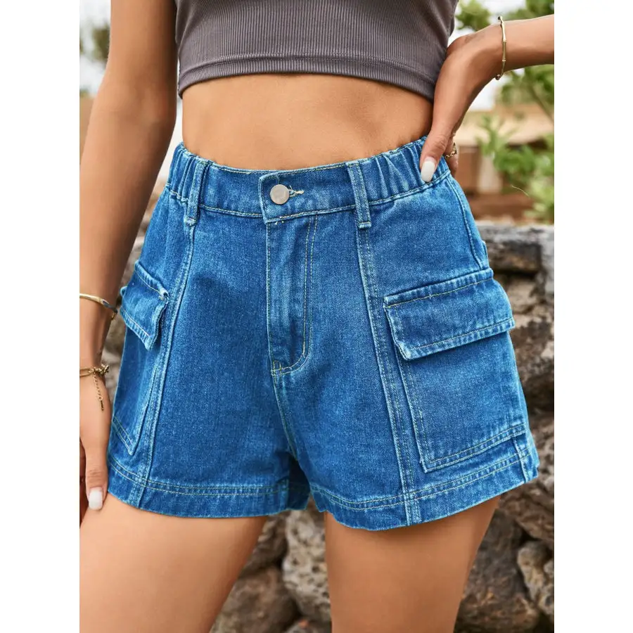 Textured High Waist Denim Shorts with Pockets