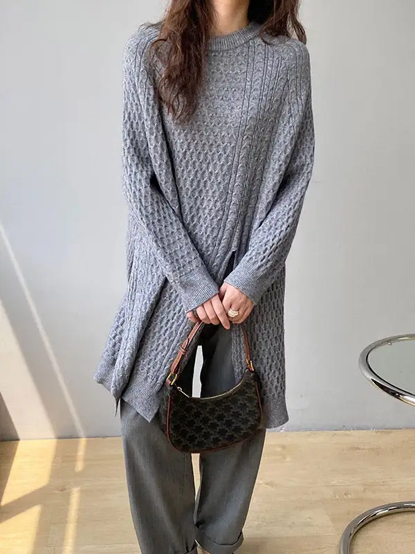 Asymmetric Split Hem Round Neck Long Sleeve Knit Top