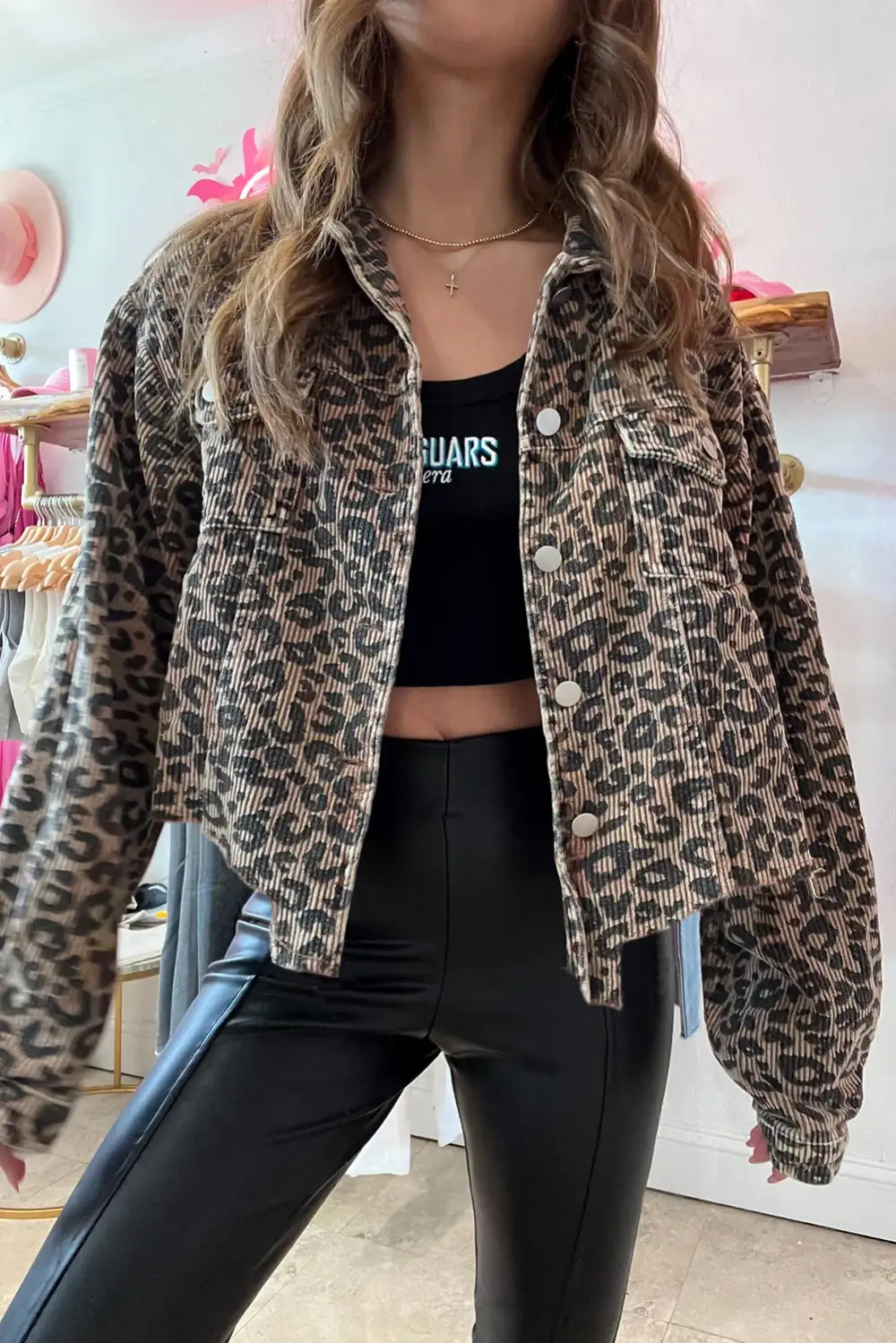 Leopard Print Corduroy Irregular Hem Button Jacket