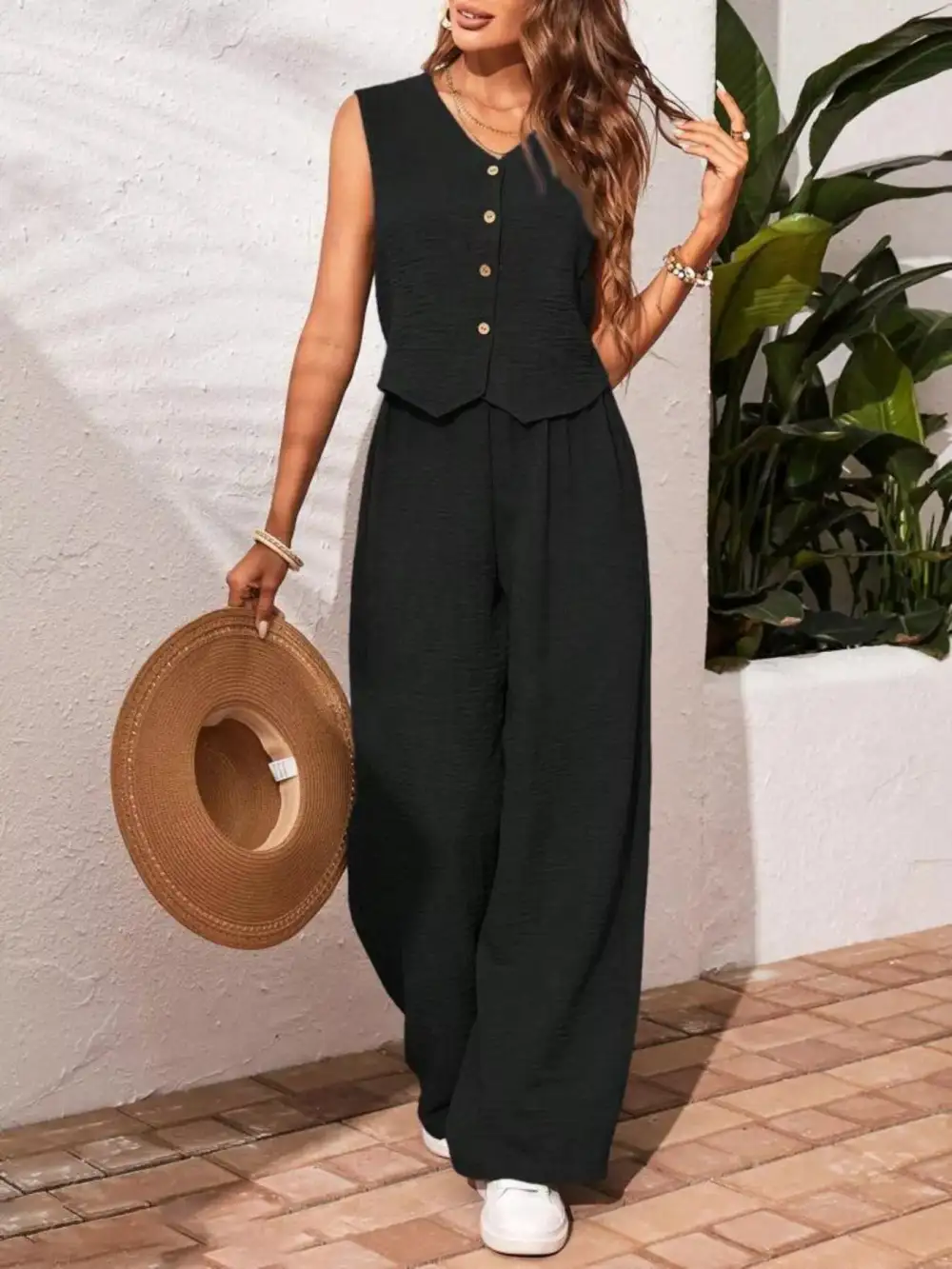 Button Down Vest & Wide Leg Pants Set