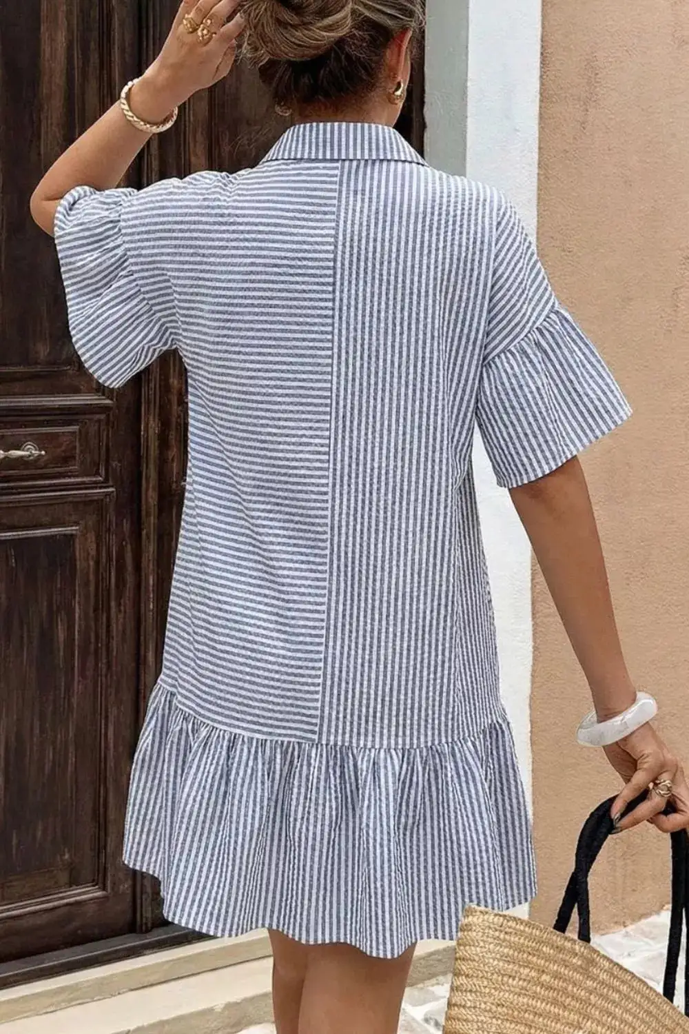 Striped Button Front Ruffle Mini Dress