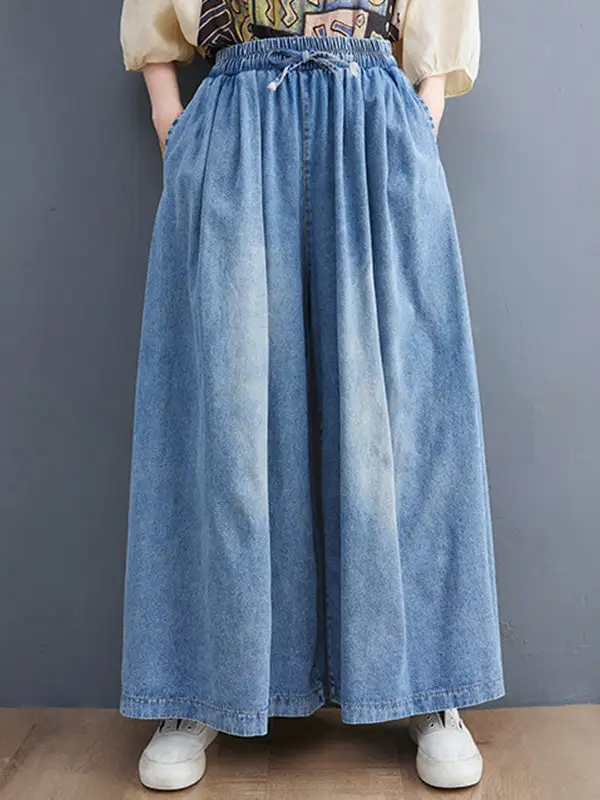 Minimal Relaxed Fit Wide Leg Drawstring Elastic Waist Jeans