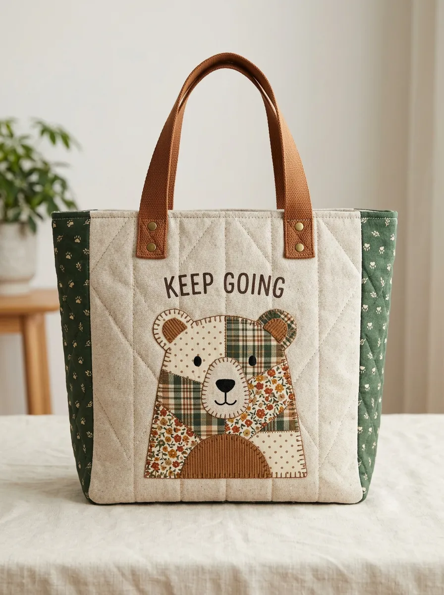 Bear Lover Keep Going Patchwork Quilted Tote Bag