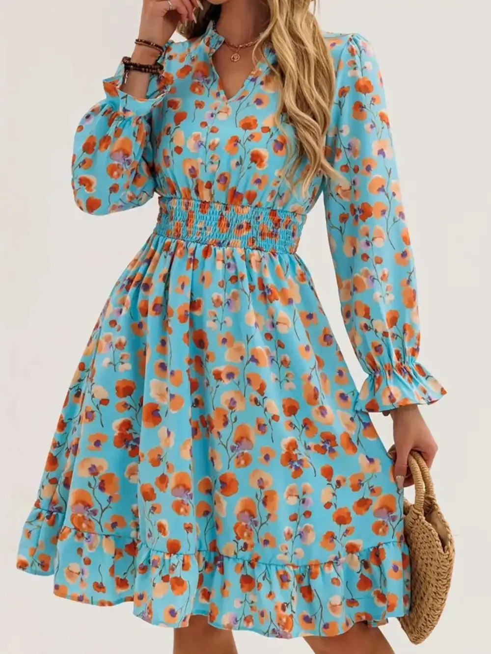 Layered Detail Floral Printed Ruffle Dress