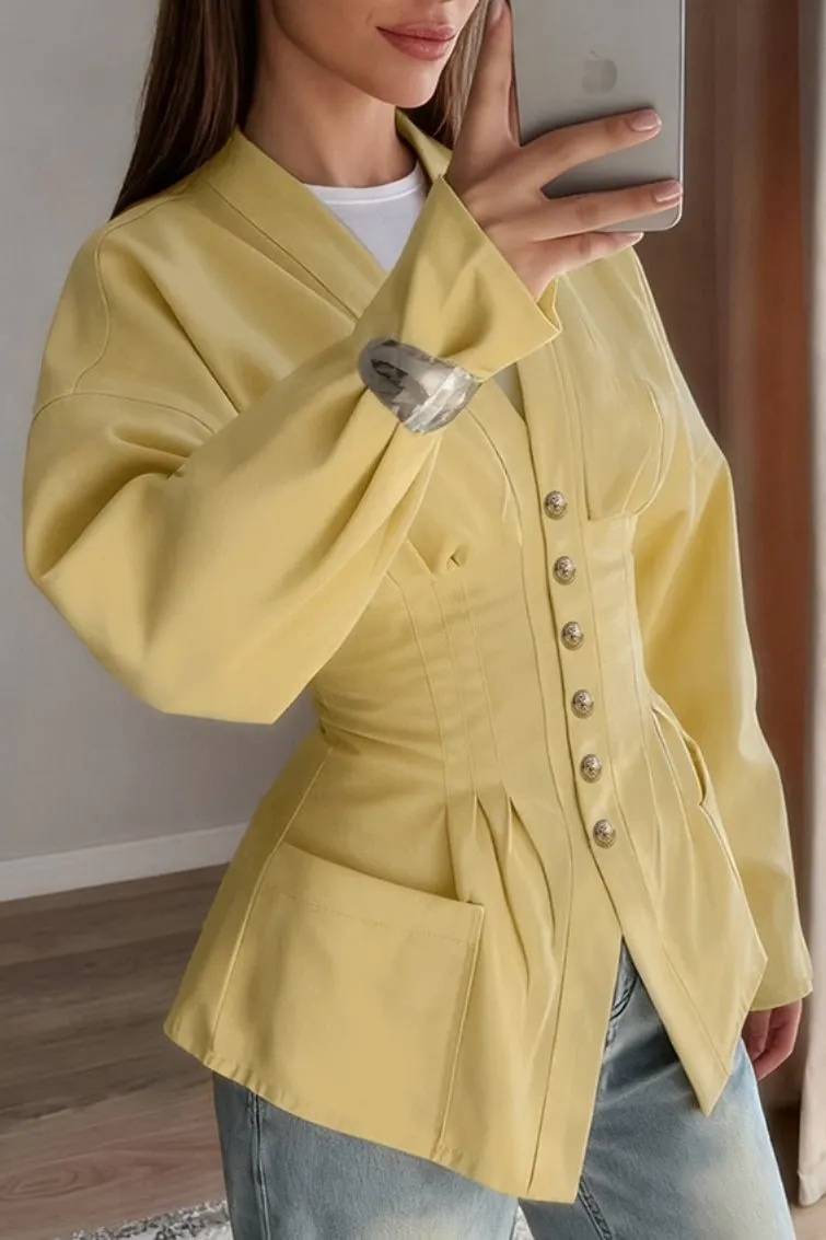 Polished Cotton Blend Pleated Button Blouse