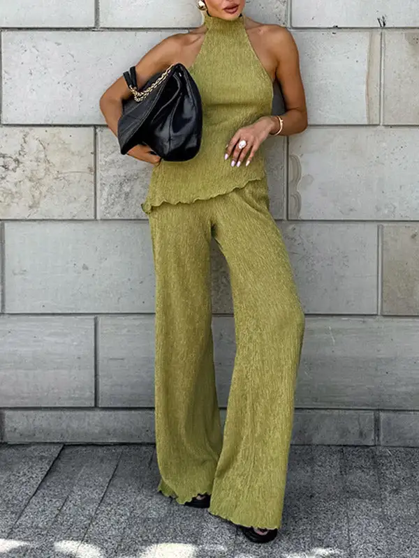 Pleated Sleeveless Vest And Pants Set
