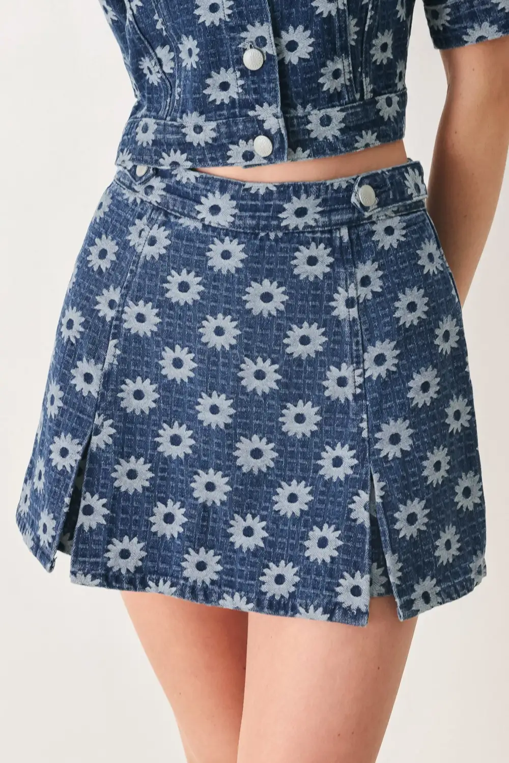 Denim Floral Print Tailored Skort