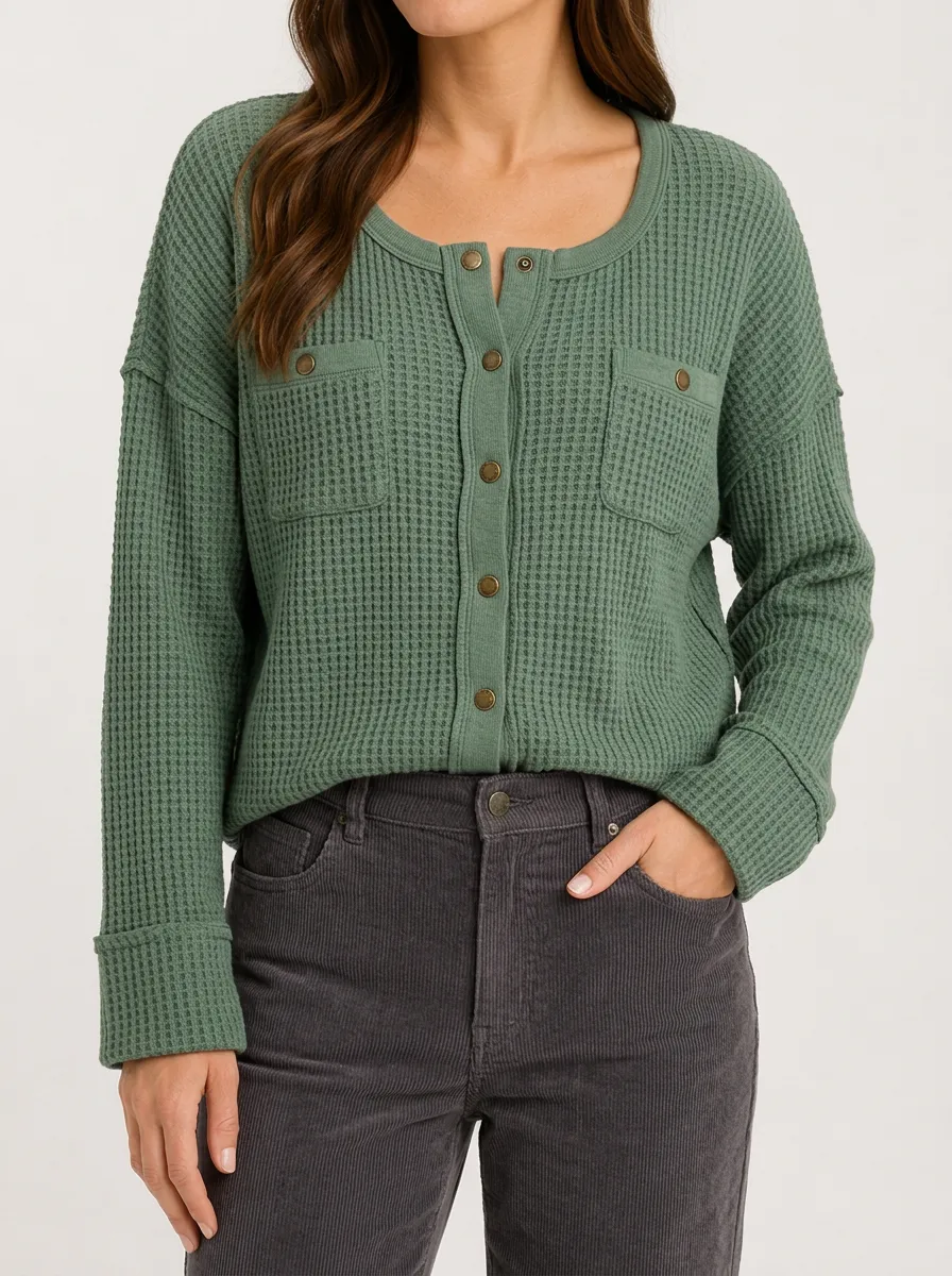Women's Green Waffle Knit Button Down Pocket Top
