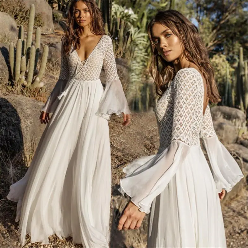 Long Flare Sleeve V-Neck White Hollow Lace Maxi Dress