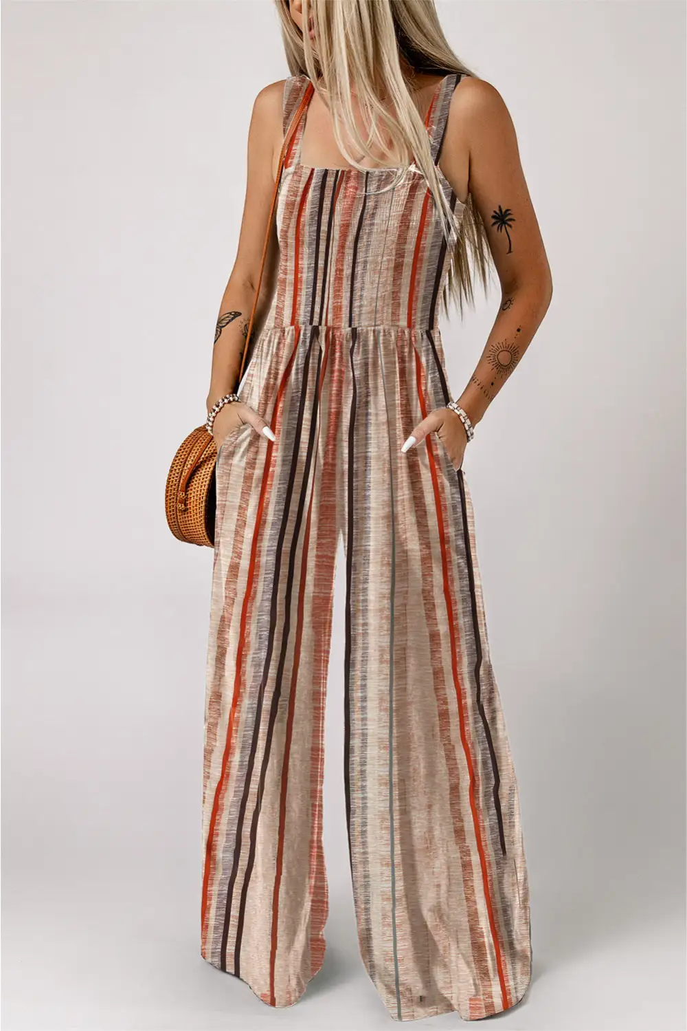 Stripe Square Neck Sleeveless Smocked Bodice Jumpsuit