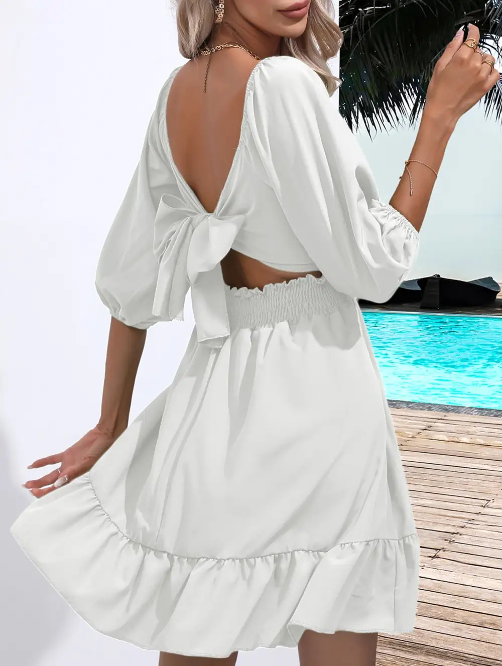 Square Neckline Ruffled Tie Up Short Dress