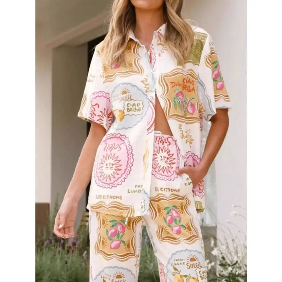 Simple Printed Button Up Shirt and Pants Set