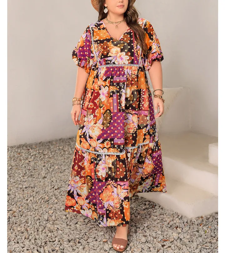 Relaxed Plus Size Printed V Neck Half Sleeve Maxi Dress