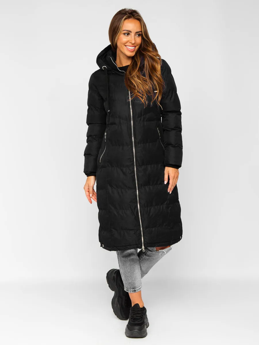 Black women's long quilted winter jacket with hood