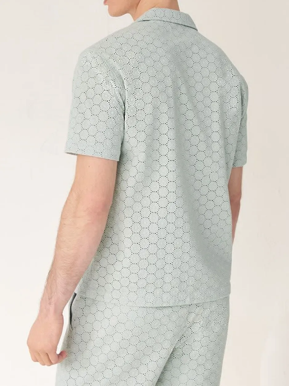 Simple Aqua Short-Sleeve Shirt with Embroidered Details
