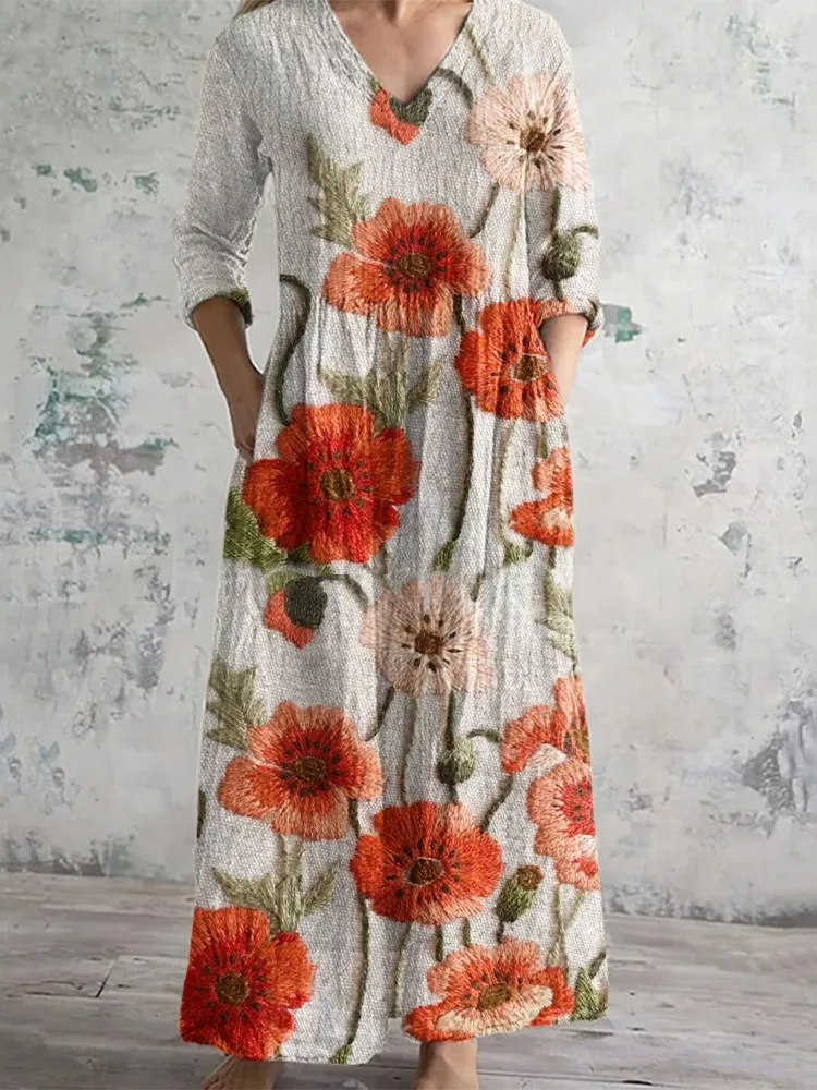 Orange Flower Print Linen Cotton Maxi Dress