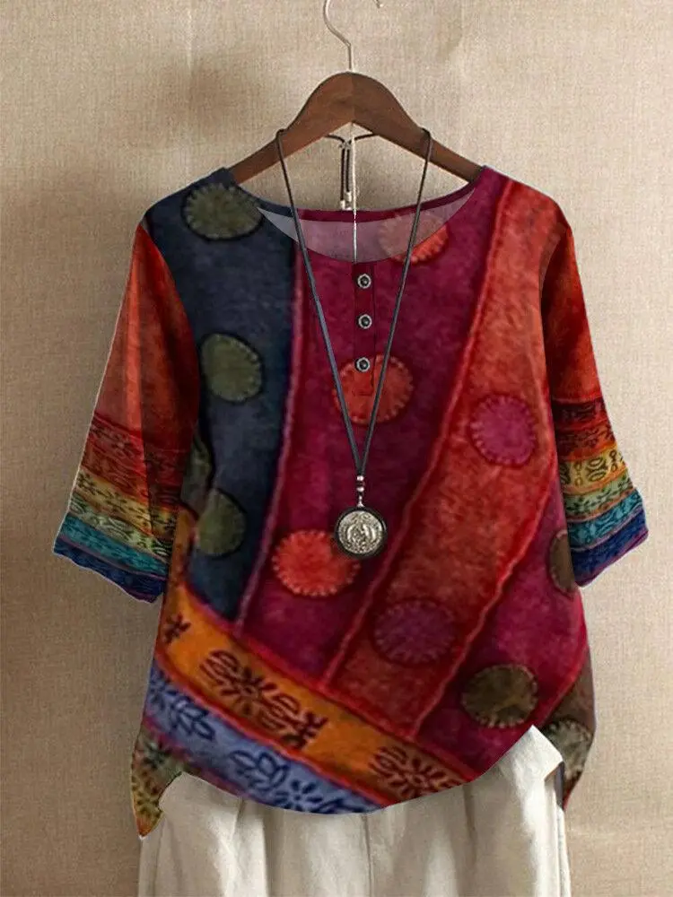 Tribal Pattern O-neck Half Sleeve Loose Women T-shirt