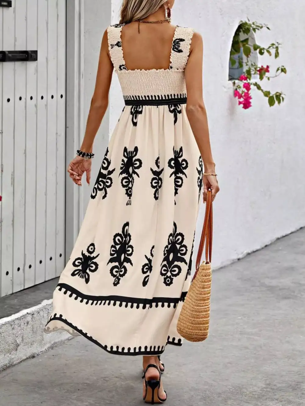 Printed Square Neck Smocked Maxi Dress