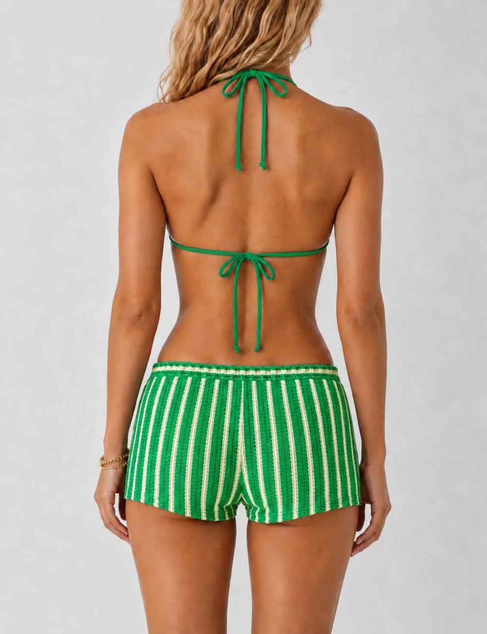 Crochet Triangle Three Piece Bikini Set with Cover Up Shorts