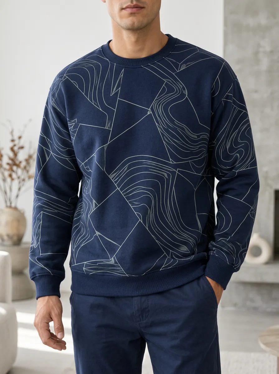 Men's Abstract Line Print Crewneck Sweatshirt Line Art