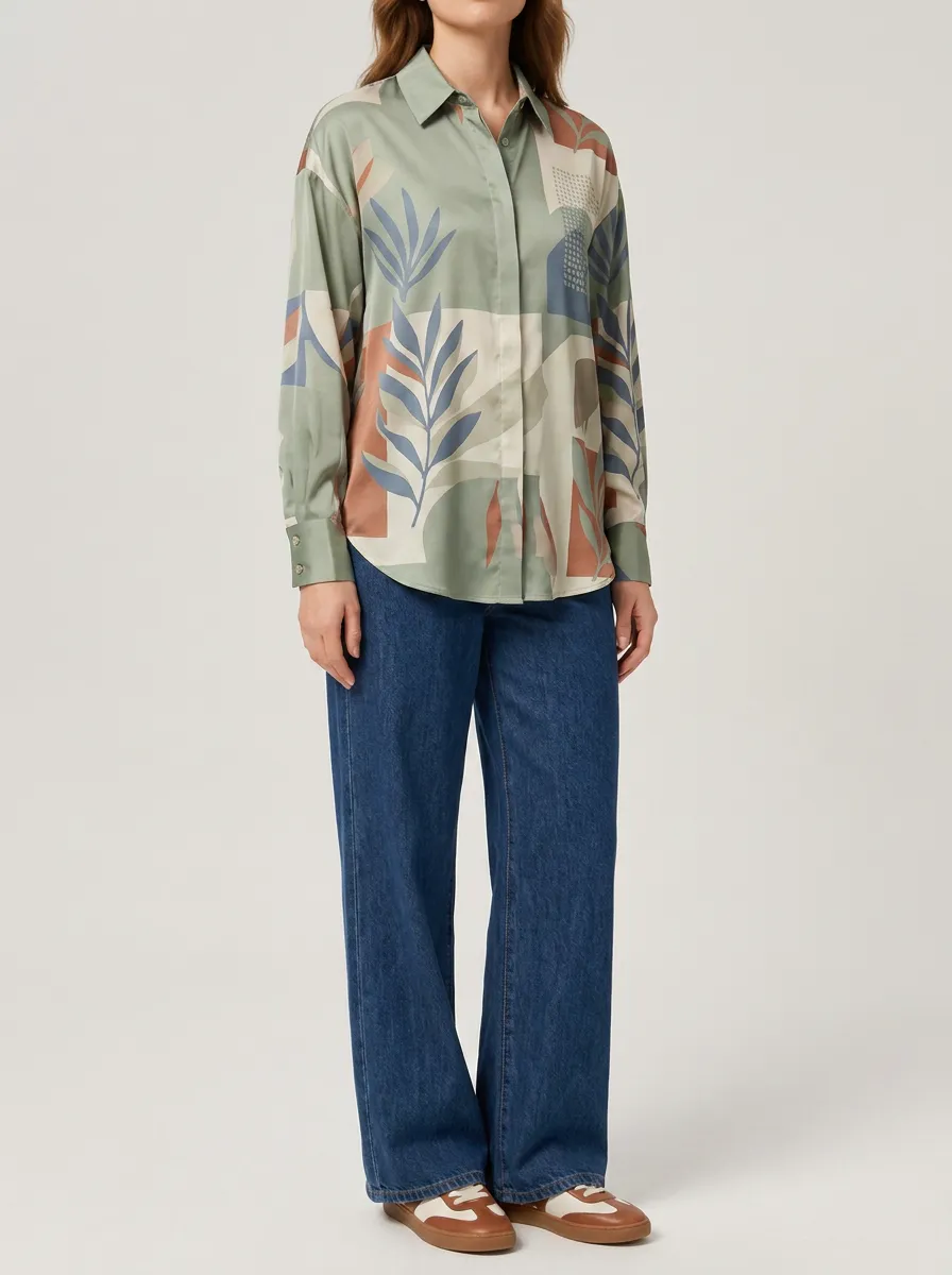 Women's Abstract Garden Print Long Sleeve Shirt