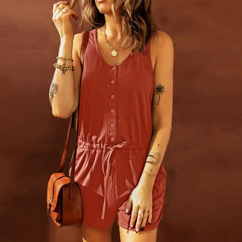Feminine Detail V-Neck Bow-Button Romper