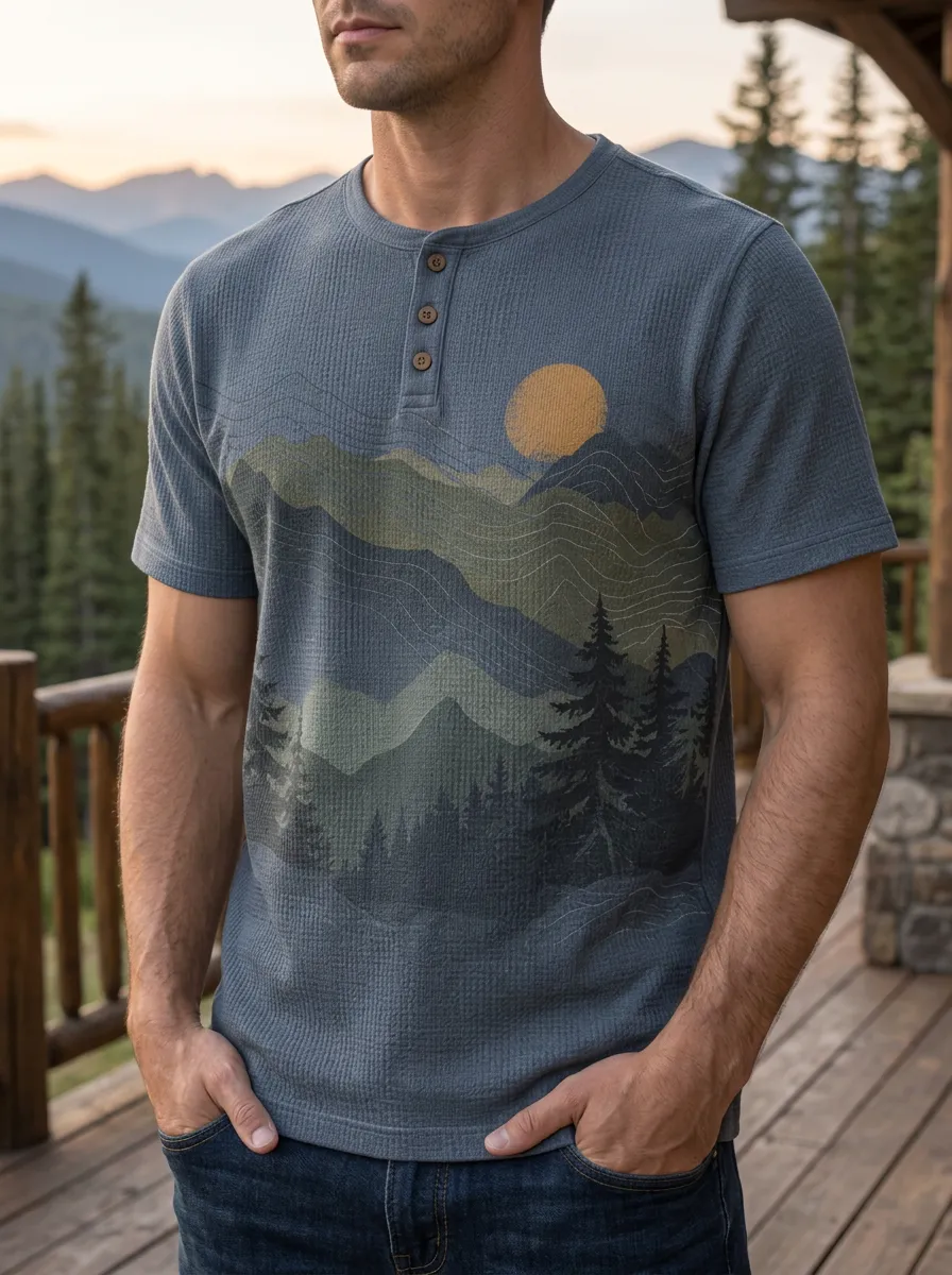 Men's Everyday Nature Lover Mountain Forest Sunset Henley T-Shirt