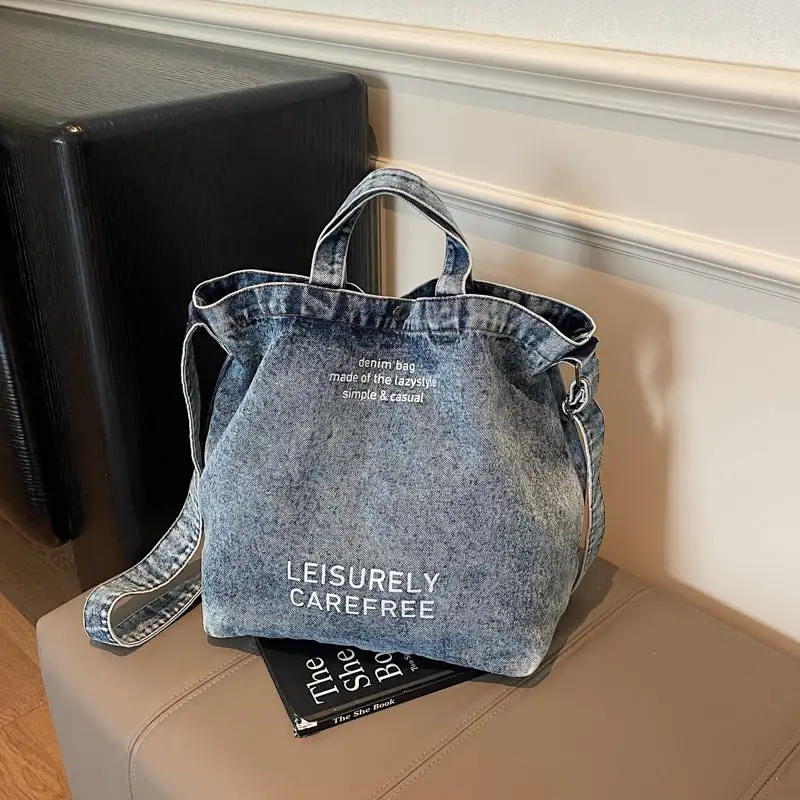 Large Capacity Vintage Casual Washed Denim Bag Letter Print