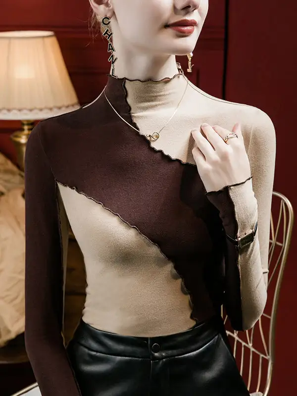 Long Sleeve Curve Fit Contrast Ruffle Trim Panel Detail Mock Neck T-Shirt