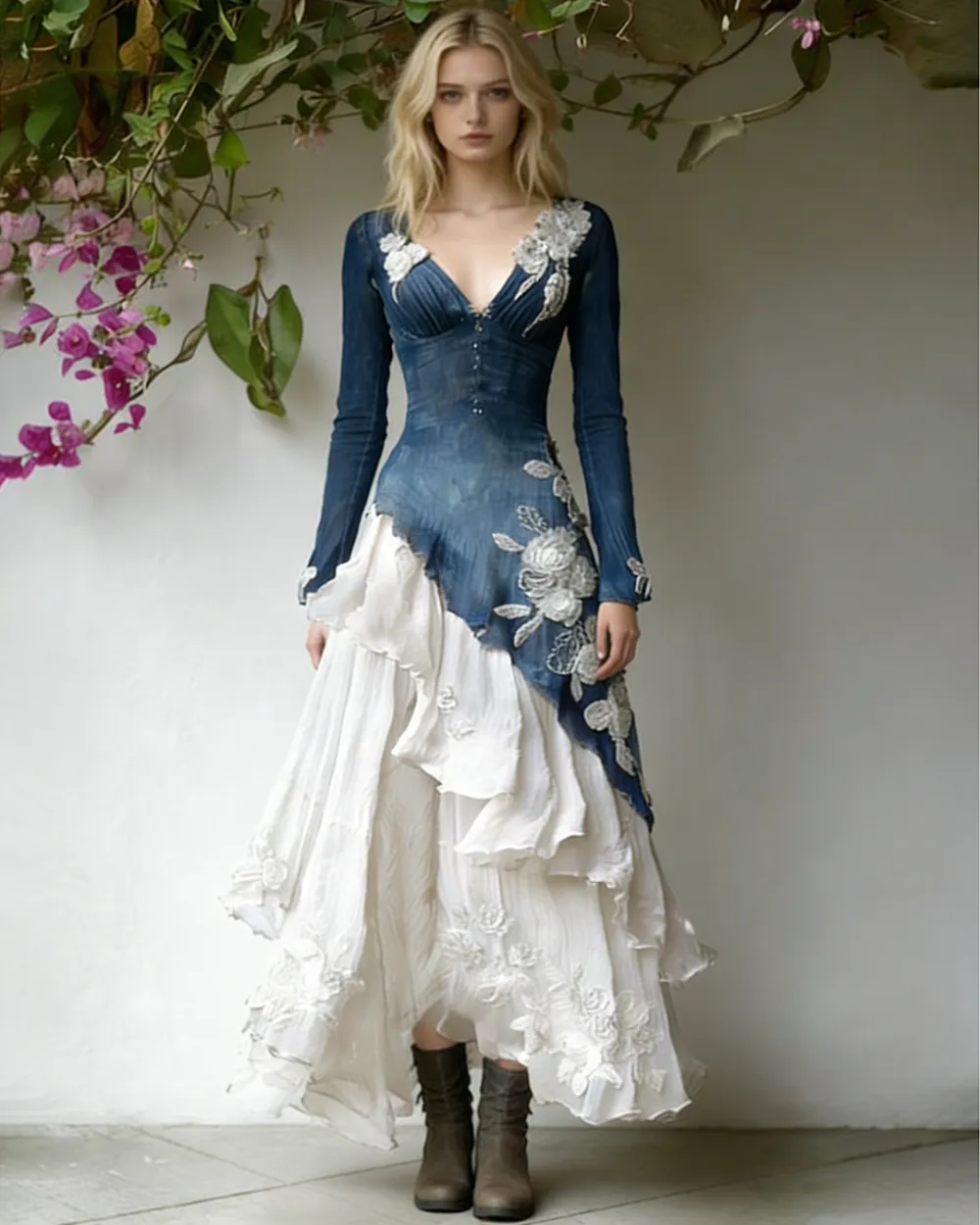 Women's Spring Elegant Flowers Irregular Ruffle Linen Dress