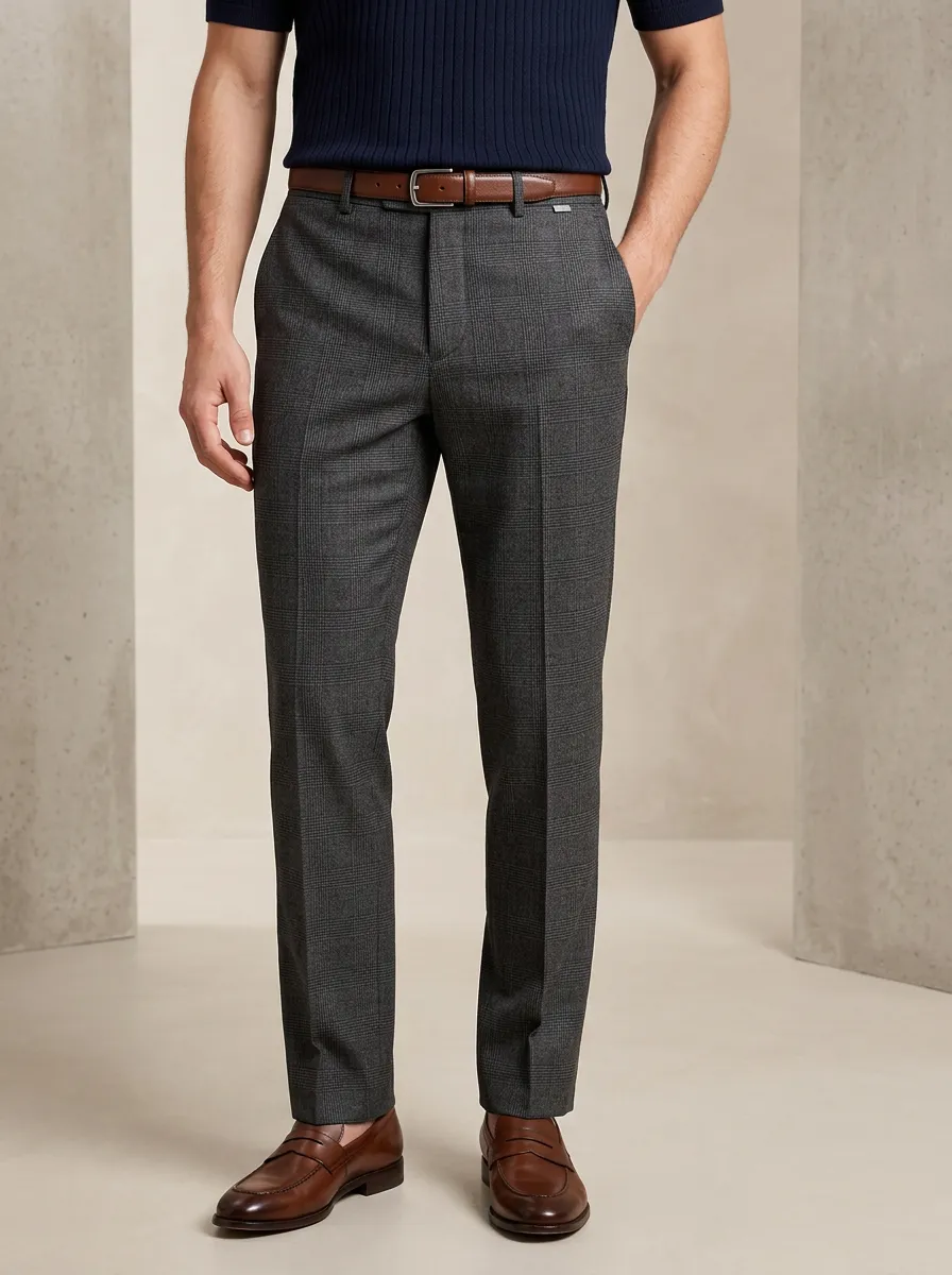 Men's Business Casual Printed Grey Plaid Trousers