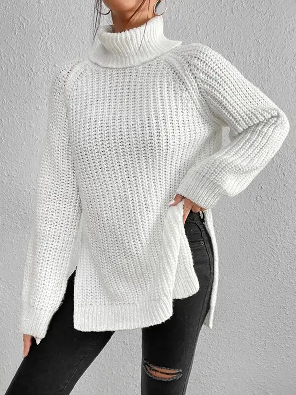Split Hem High Neck Long Sleeve Relaxed Fit Pullover Sweater