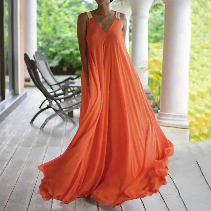 Summer Orange V-neck Long Dress Bohemian Plus Size Dresses