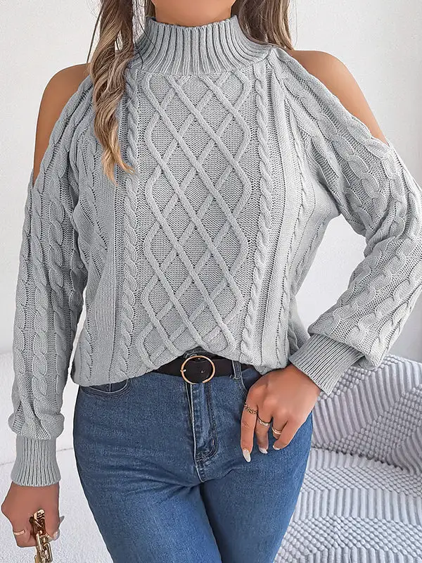 Openwork Cold Shoulder Long Sleeve Relaxed Fit Pullover Sweater