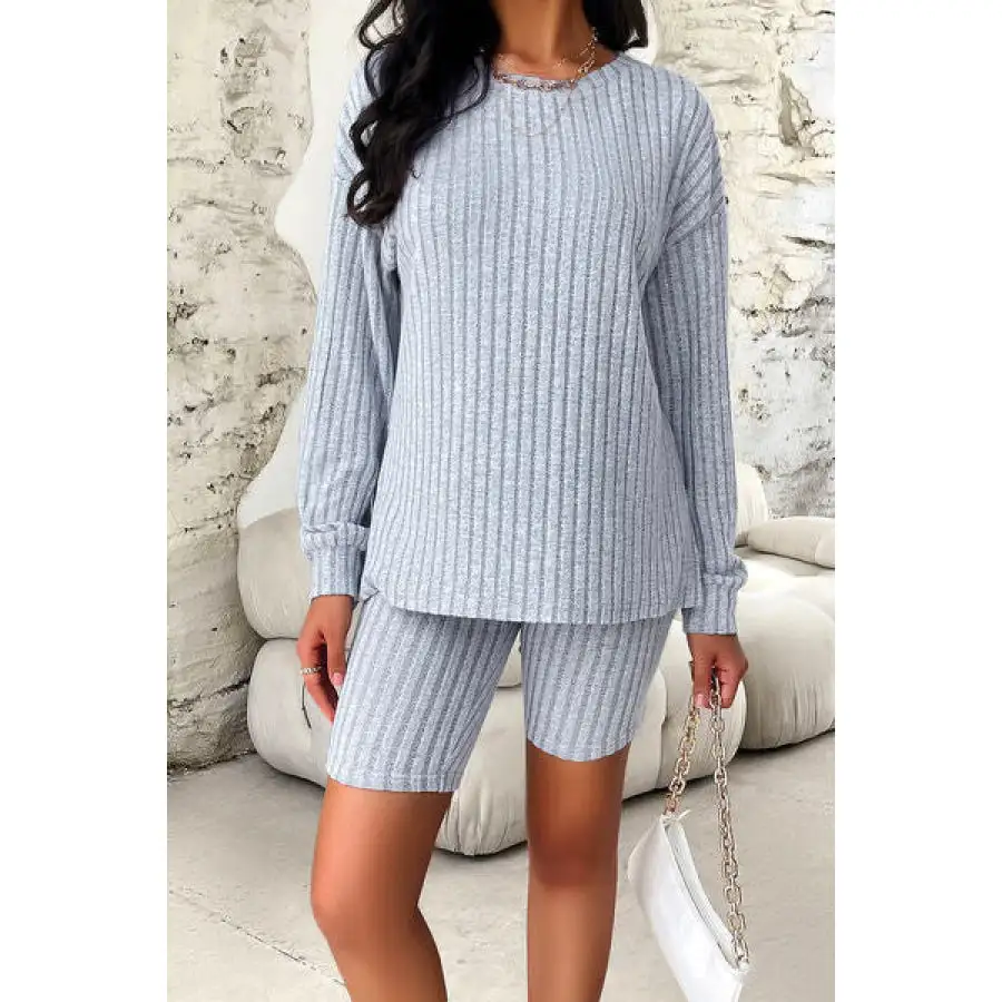 Ribbed Round Neck Dropped Shoulder Top and Shorts Set