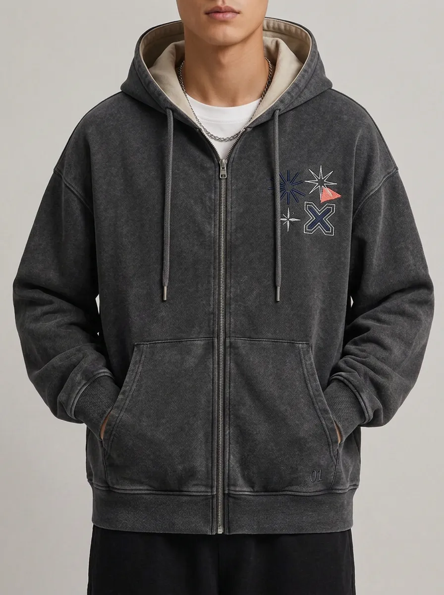 Men's Streetwear Star Graphic Acid Wash Printed Zip Up Hoodie