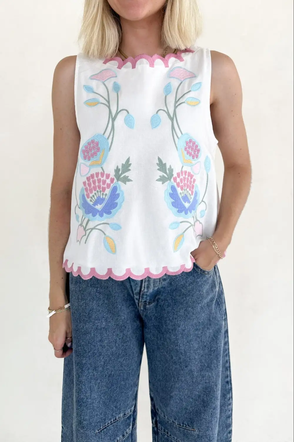 Modern Floral Embroidered Sleeveless Top
