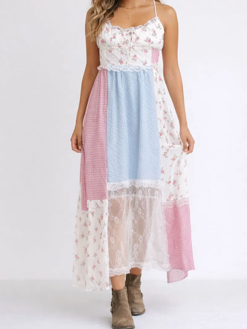 Boho Lace Patchwork Halter Neck Midi Dress