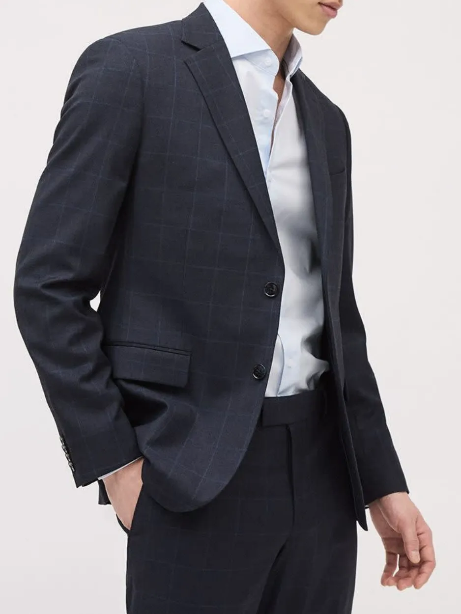 Navy Blue Windowpane Pattern Business Style Suit Blazer