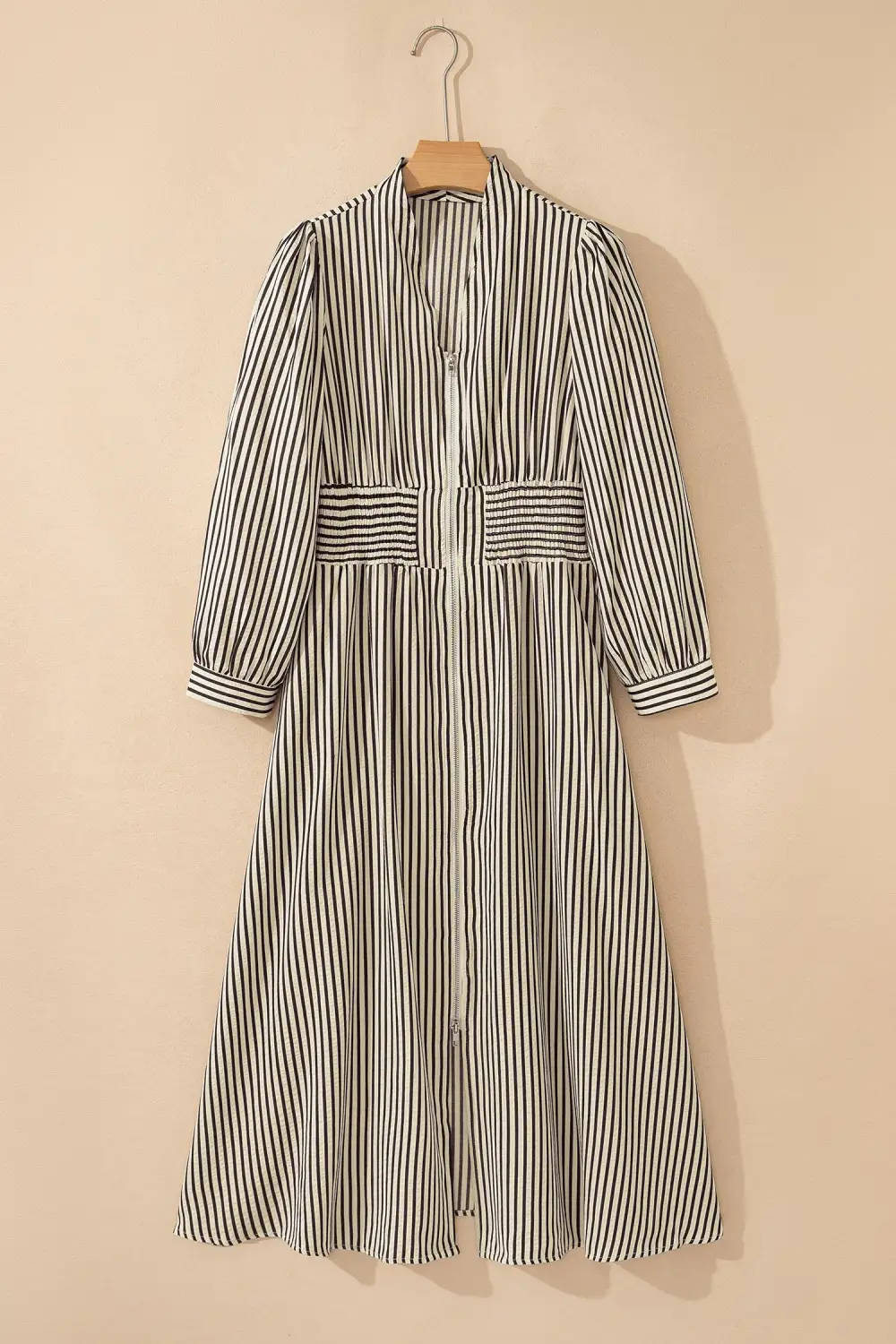 Balanced Detail Striped V Neck Zip Front Midi Dress
