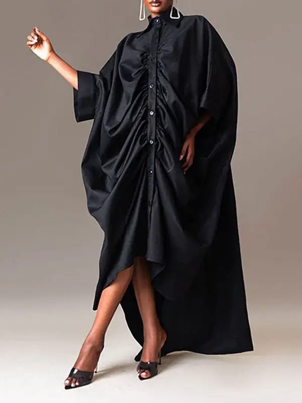 Pleated Buttoned Long Shirt Maxi Dress