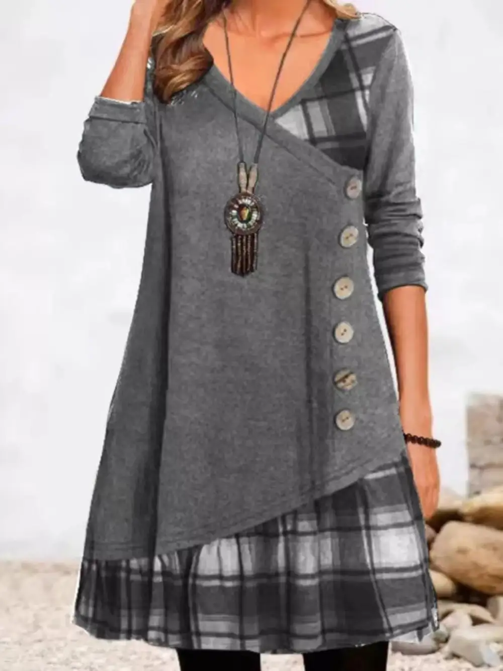 Asymmetrical Plaid Patchwork Long Sleeve Dress