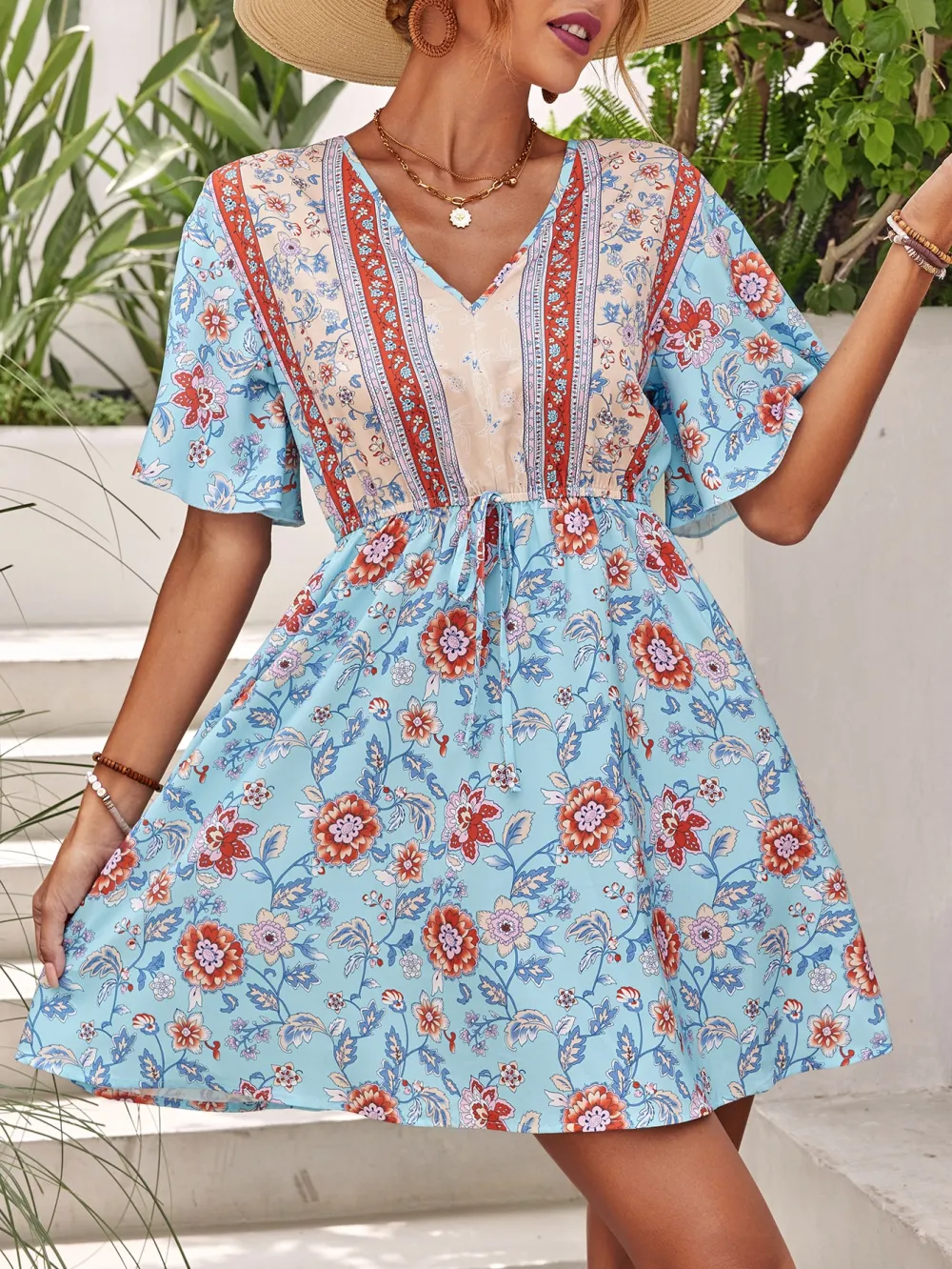 Plus Size Floral Print Butterfly Sleeve Tie Back Knot Front Dress