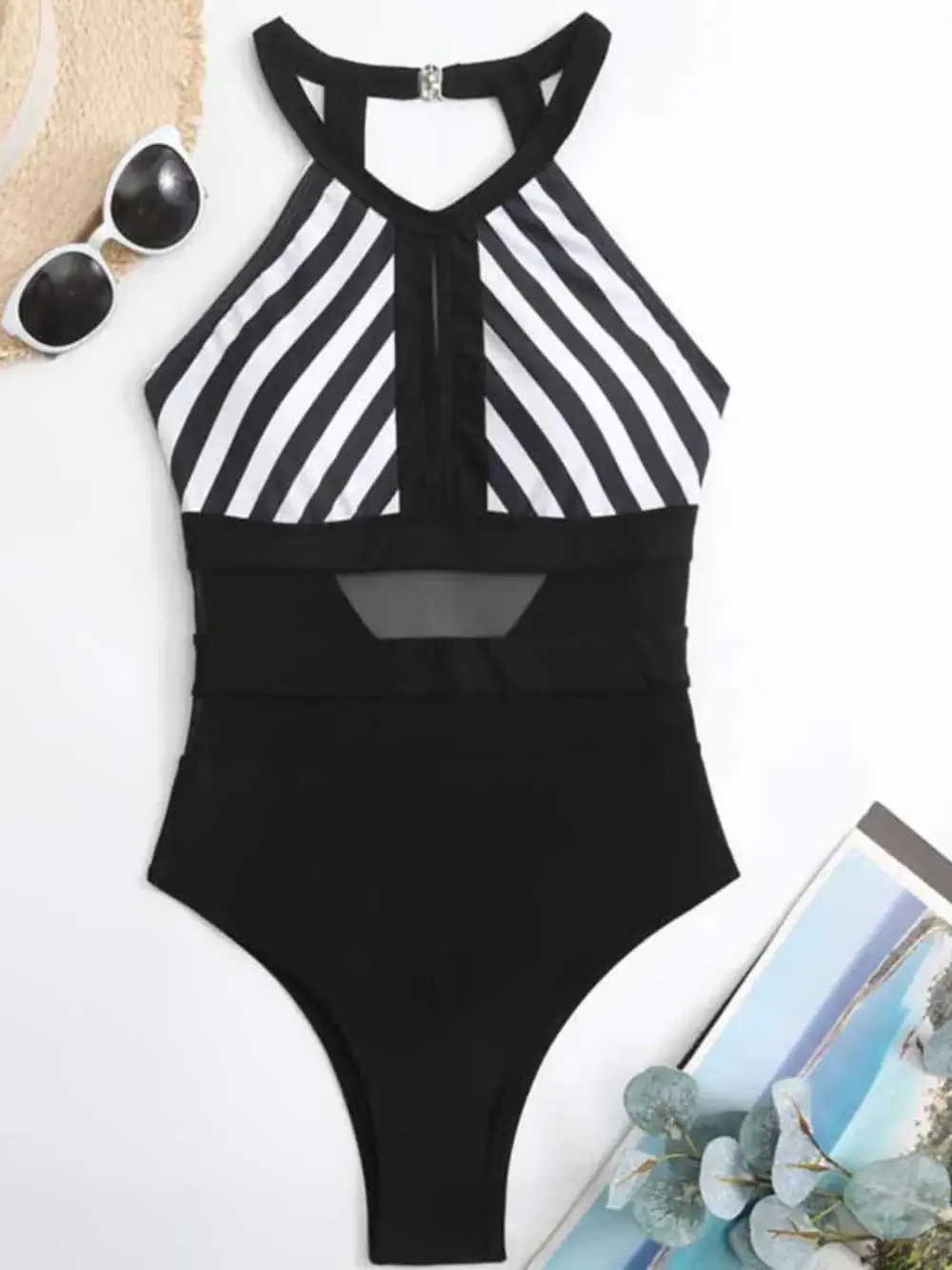 Mesh Detail Backless Striped One Piece Swimsuit